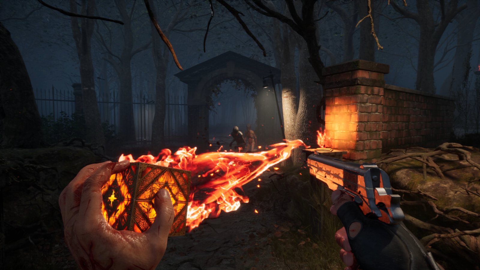 Hand holding the box pulling fire while the other aims a pistol in a graveyard