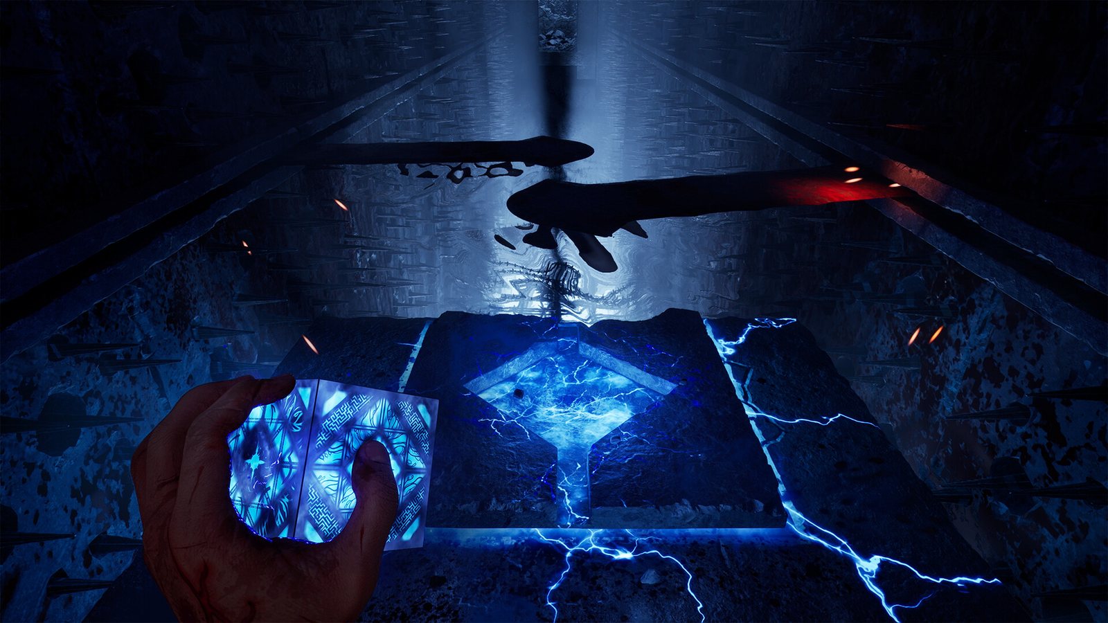 A bloodied hand holding the glowing blue puzzle box before a diamond-shaped portal