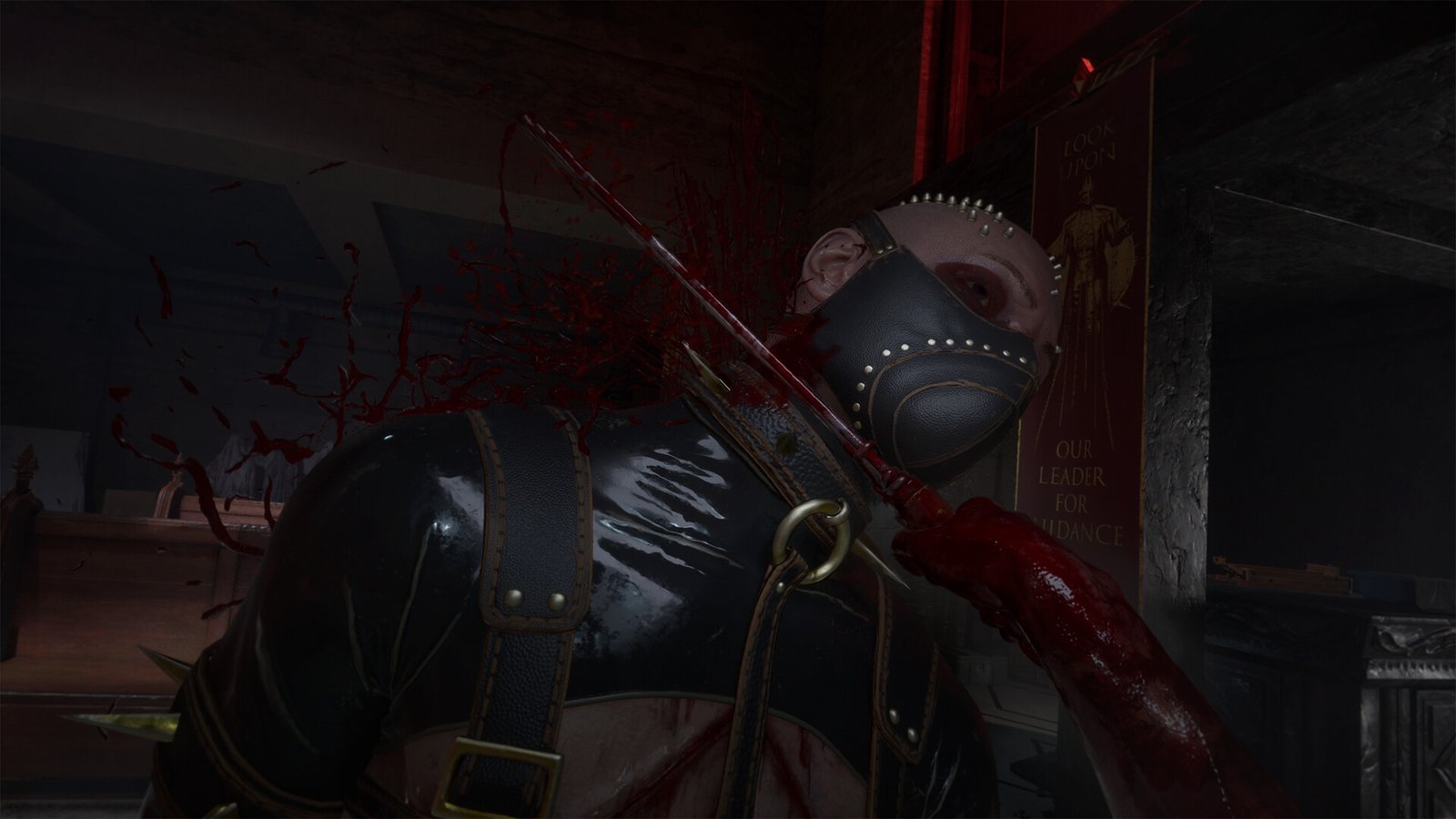 A masked cultist pierced through the shoulder with a red banner behind